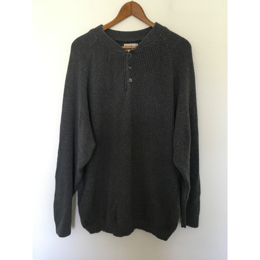 VTG LL Bean Knit Fisherman Henley Sweater Mens Sz L Gray BA50 Cotton Made In USA - Picture 1 of 13